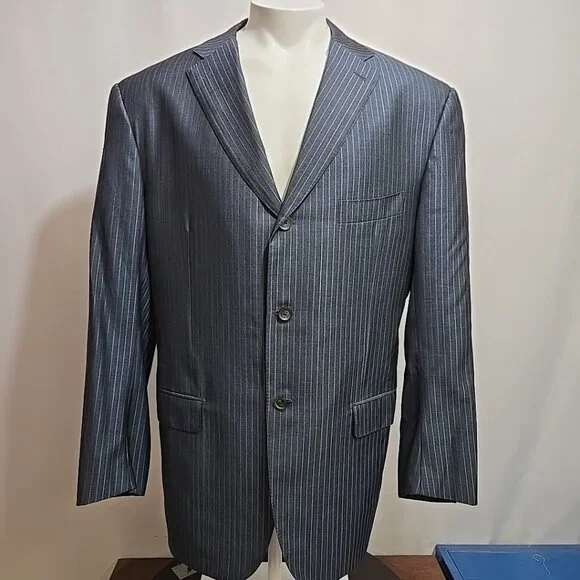 ISAIA Napoli Wool Silk Blend Blazer Mens Size 48R Blue Striped Working Cuffs